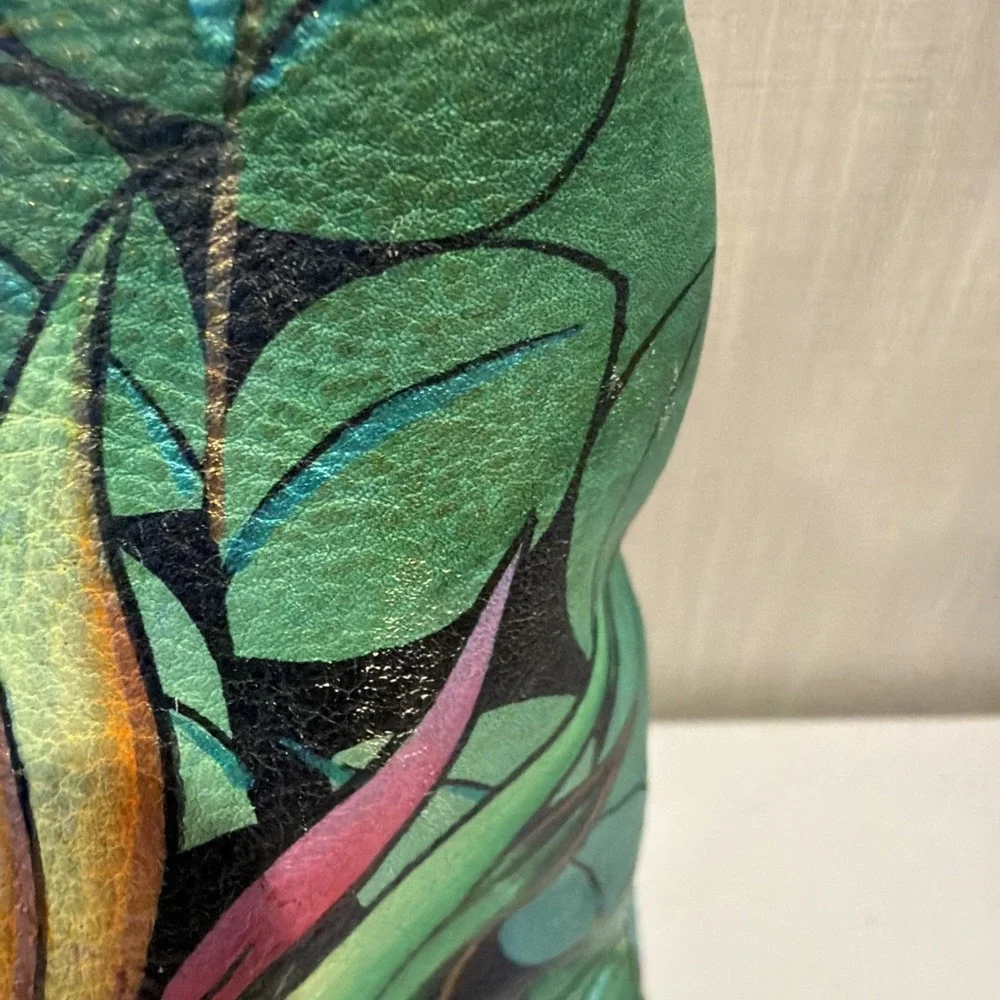 Anuschka Leather Hobo Tropical Bliss‎ Hand Painted Purse Brass Hardware Birds